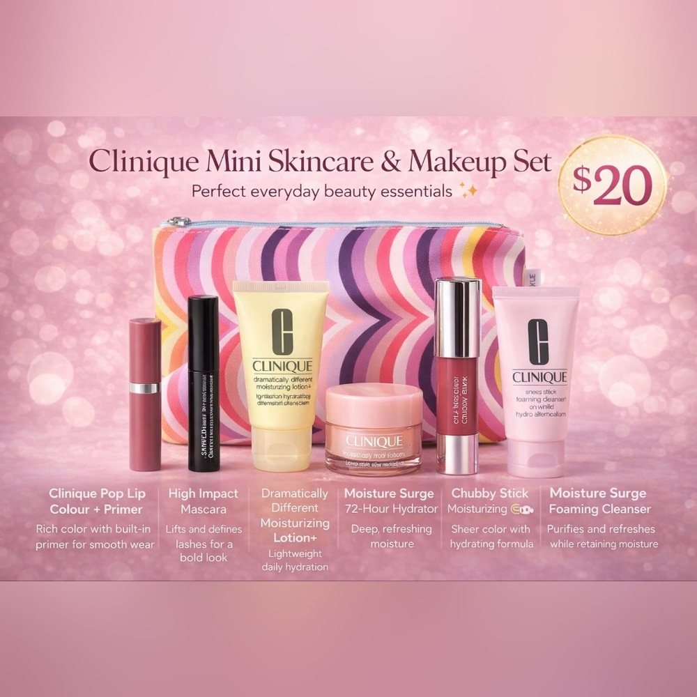 Clinique Beauty Essentials with Pink and Purple Pouch